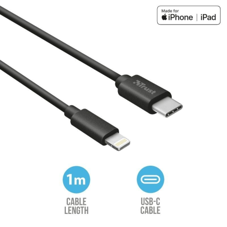 Cable USB 2.0 Tipo-C Lightning Trust Urban 23135/ USB Tipo-C Macho - Lightning Macho/ 1m/ Negro