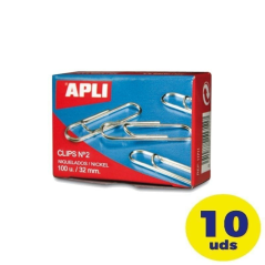 Pack de 10 cajas de 100 Clips Nº2 Apli 11714/ Plata