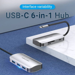 Docking USB Tipo-C Vention TNHHB/ 3xUSB-A/ 1xLector Tarjetas SD y MicroSD/ Gris