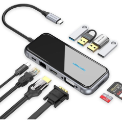 Docking USB Tipo-C Vention TFGHB/ 1xVGA/ 1xHDMI/ 2xUSB-A/ 2xUSB Tipo-C/ 1xUSB Tipo-C PD/ 1xRJ45/ 1xLector Tarjetas SD/ Gris