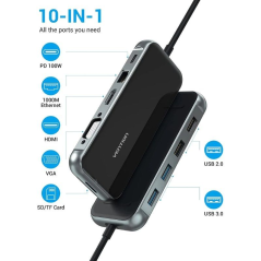 Docking USB Tipo-C Vention TFGHB/ 1xVGA/ 1xHDMI/ 2xUSB-A/ 2xUSB Tipo-C/ 1xUSB Tipo-C PD/ 1xRJ45/ 1xLector Tarjetas SD/ Gris