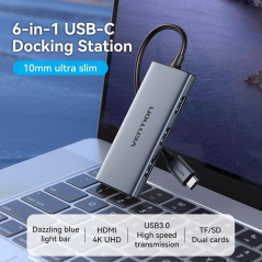 Docking USB Tipo-C Vention TOOHB/ 1xHDMI/ 3xUSB-A/ 1xLector Tarjetas SD y MicroSD/ Gris