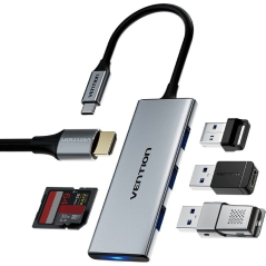Docking USB Tipo-C Vention TOPHB/ 1xHDMI/ 3xUSB-A/ 1xLector Tarjetas SD y MicroSD/ Gris