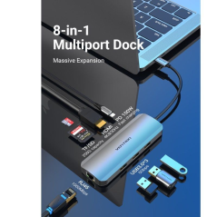 Docking USB Tipo-C Vention TOKHB/ 1xHDMI/ 3xUSB-A/ 1xUSB Tipo-C PD/ 1xRJ45/ 1xLector Tarjetas SD y MicroSD/ Gris