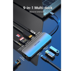 Docking USB Tipo-C Vention TOMHB/ 1xHDMI/ 2xUSB-A/ 1xUSB Tipo-C/ 1xUSB Tipo-C PD/ 1xRJ45/ 1xLector Tarjetas SD y MicroSD/ Jack 3