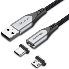 Cable de Carga Magnético USB Tipo-C con Adaptador MicroUSB Vention CQMHF/ USB Macho/ USB Tipo-C Macho - MicroUSB Macho/ 1m/ Gris